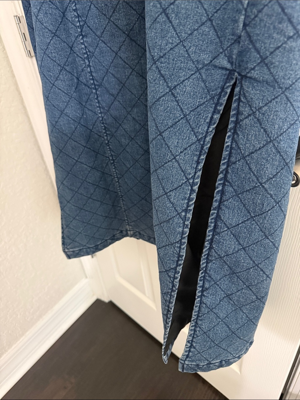 VENUS Blue Quilted Denim Trench Coat with Corset Black Waist Panel - Picture 7 of 8